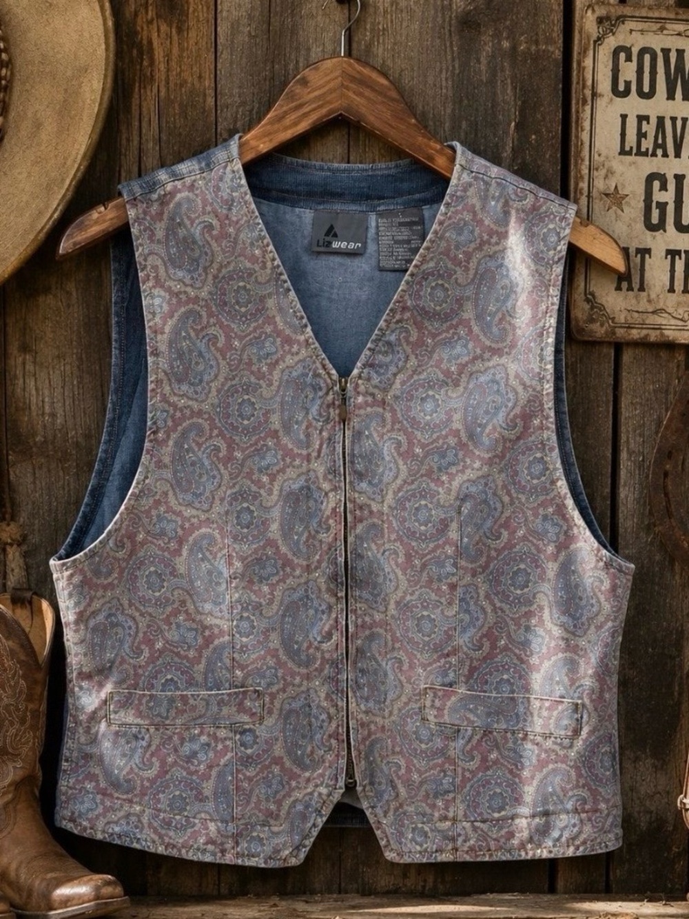 Lizwear Vintage 90s Paisley Denim Vest Western Zip Front S Boho Country Chic